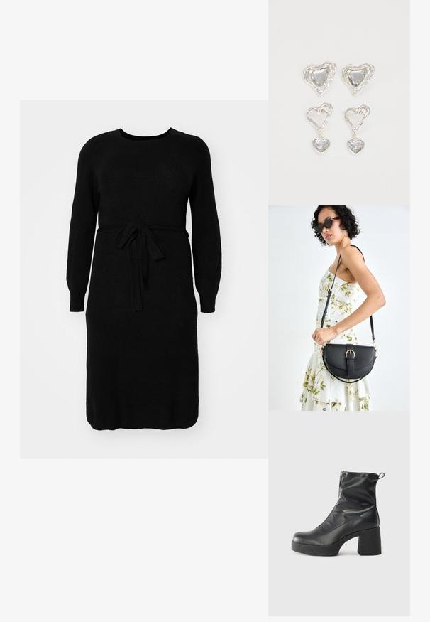 Svart strikket kjole med lange ermer, rund hals og belte i midjen. Glatt tekstur og midt- lengde design.; Svarte ankelstøvler laget av glatt lær, med glidelås på siden, chunky strukturert hæl, og rund tå-design.; Svart lærveske med en buet form, avtagbar stropp og gullbeslag. Vesken har et klaff med spenne-detall.; Sølv hjerteformede øredobber har fasetterte klare steiner med en teksturert ramme. Sett inkluderer både stud- og hengende stiler.