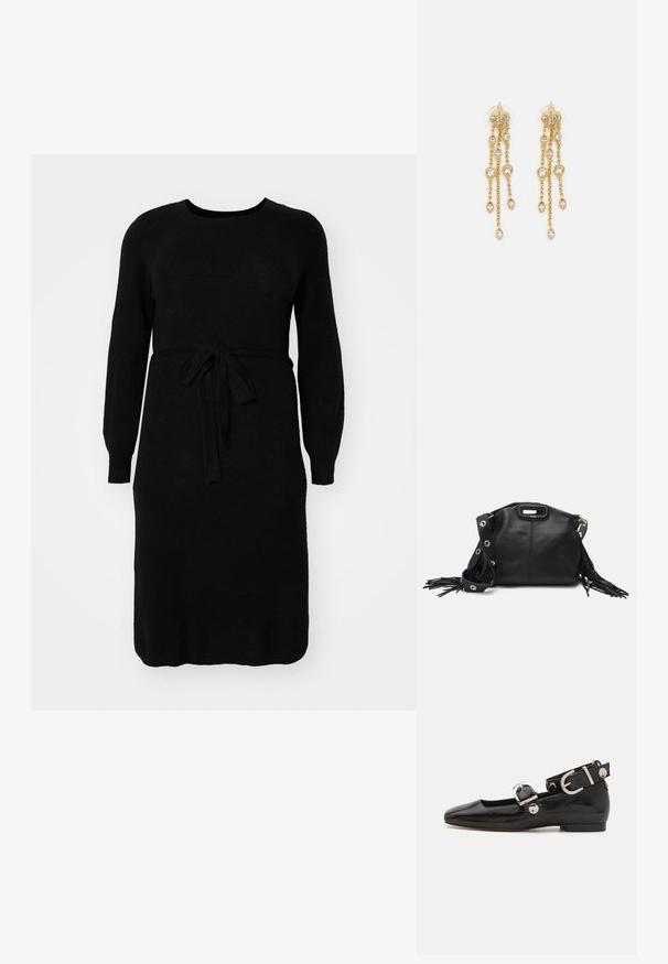 Abito nero lavorato a maglia con maniche lunghe, scollo rotondo e cintura legata in vita. Texture liscia e design a lunghezza intermedia.; Scarpa flat in vernice nera con punta quadrata, cinturino alla caviglia con hardware in argento e suola piatta. Texture liscia con design minimalista.; Maje MISS MINI - Borsa a tracolla - noir; Orecchini dorati con molteplici catene a cascata, dotati di accenti in strass ovali trasparenti e parte superiore decorativa a perno.