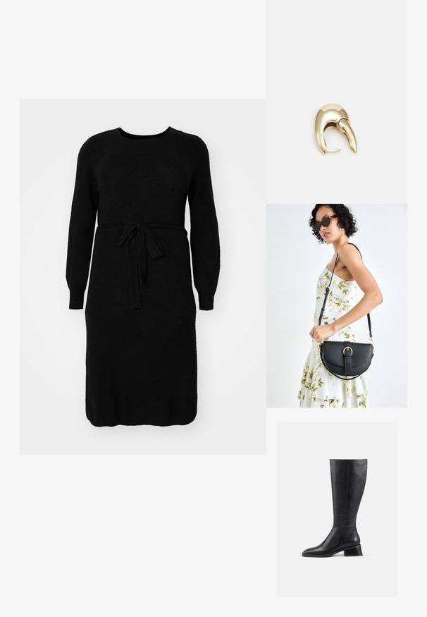 Svart strikket kjole med lange ermer, rund hals og belte i midjen. Glatt tekstur og midt- lengde design.; Knæhøye svarte lærstøvler med rund tå og lav, blokk hæl. Har en glatt tekstur og minimal sømdetalj.; Svart lærveske med en buet form, avtagbar stropp og gullbeslag. Vesken har et klaff med spenne-detall.; Gullfarget metalløredobber med et elegant, buet design. Har en karakteristisk spiss form, polert overflate og hengsel-lukking.