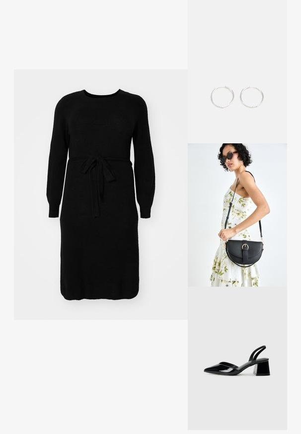 Vestido negro de punto con mangas largas, escote redondo y un cinturón de lazo en la cintura. Textura suave y diseño de longitud media.; Zapatos de tacón slingback de charol negro con punta afilada y tacón geométrico en bloque. Presentan un diseño elegante y minimalista, así como una textura suave.; Bolso de piel negra con forma curva, correa desmontable y herrajes dorados. El bolso cuenta con una solapa con un detalle de hebilla.; Pendientes aros de plata con un diseño redondo y elegante, que presentan una superficie lisa y sin adornos visibles. Diámetro no especificado.