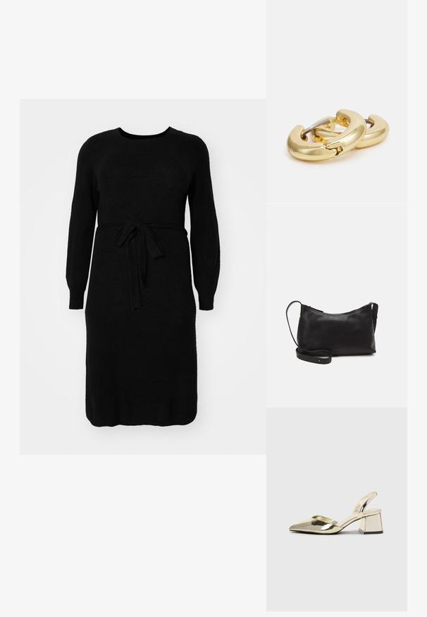 Juoda megzta suknelė su ilgomis rankovėmis, apvaliu iškirpimu ir surišamu diržu talijoje. Glotni tekstūra ir vidutinio ilgio dizainas.; Auksiniai, metaliniai slingback aukštakulniai bateliai su smailiu pirštu ir masyviu kulnu. Lygus paviršius, minimalizmo dizainas ir siaura juostelė.; Juodas odinis petinis krepšys su lygiu paviršiumi, išlenkta forma, reguliuojama dirželiu ir užtrauktuku. Minimalistinis dizainas be puošmenų.; Auksiniai auskarai žiedai su lygiu, apvaliu dizainu. Papildomi sidabro elementai užtikrina patogų dėvėjimą ir žvilgantį paviršių.