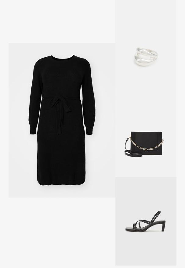 Schwarzes gestricktes Kleid mit langen Ärmeln, einem runden Halsausschnitt und einem Bindegürtel in der Taille. Glatte Textur und mittellanges Design.; Schwarze Sandale mit Riemchen, quadratischer Zehenform und niedrigem Blockabsatz. Verfügt über mehrere dünne Riemen und einen verstellbaren Knöchelriemen. Hergestellt aus glattem Leder.; Schwarze Leder-Crossbody-Tasche mit glatter Textur, rechteckiger Form und metallic-kettendetail auf der Vorderseite. Verstellbarer Gurt inklusive.; Silberner Doppelring mit einer glatten, polierten Oberfläche. Verfügt über ein fließendes, kurviges Design mit überlappenden Abschnitten für einen modernen Look.