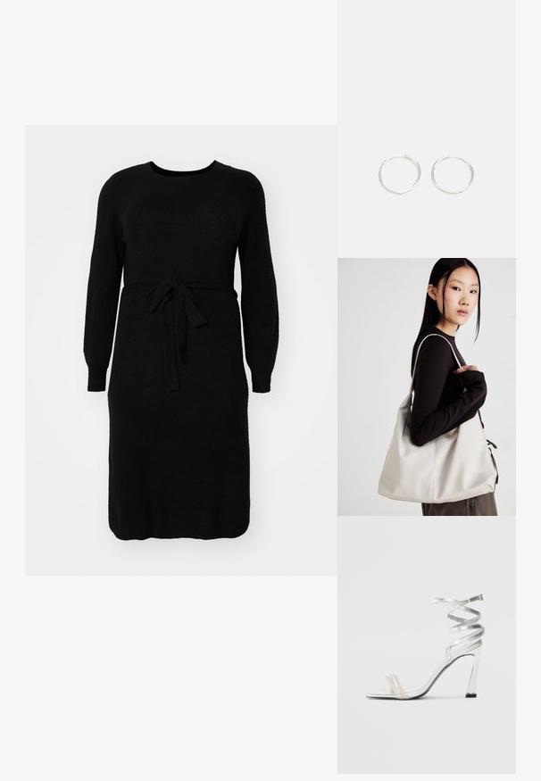 Schwarzes gestricktes Kleid mit langen Ärmeln, einem runden Halsausschnitt und einem Bindegürtel in der Taille. Glatte Textur und mittellanges Design.; Silberne High-Heel-Sandale mit einem glänzenden Riemen-Design, das einen perlenähnlichen Akzent und einen spiralförmigen Knöchelriemen für einen sicheren Sitz bietet.; Beige Handtasche aus weichem Material, mit einem lässigen Design, gesteppten Details und zwei Schulterriemen. Geeignet für den täglichen Gebrauch.; Silberne Creolen mit einem schlanken, runden Design, das eine glatte Oberfläche und keine sichtbaren Verzierungen aufweist. Durchmesser nicht angegeben.