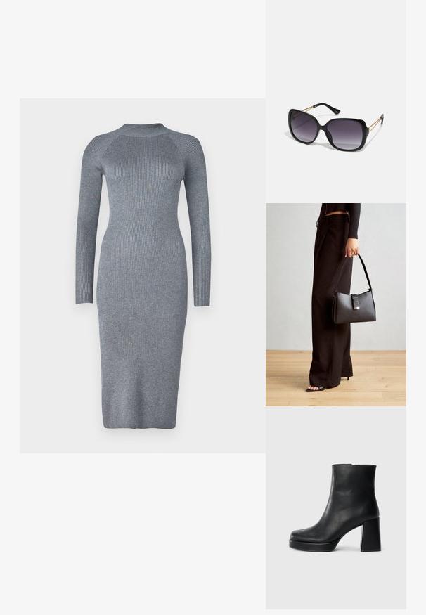 Vero Moda Petite VMWILLOW HIGHNECK DRESS - Rochie tip creion - medium grey; Botină din piele neagră, cu toc pătrat și talpă platformă, văzută din lateral pe un fundal alb simplu.; Ochelari de soare negri, supradimensionați, cu lentile degradate, rame groase și detalii cu lanț de ton auriu pe brațele templului.; Genți negre cu o formă structurată, textură netedă și un închizător metalic. Asortată cu pantaloni negri largi și sandale cu vârf deschis pe un podea din lemn.