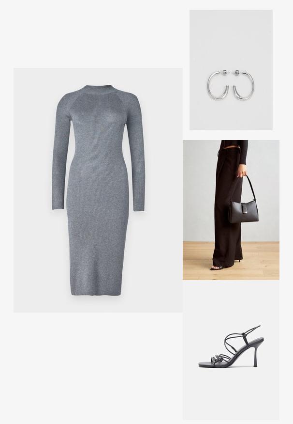 Vero Moda Petite VMWILLOW  HIGHNECK DRESS - Laisvo kirpimo suknelė - medium grey; Juodos aukštakulnės sandalai pasižymi plonyčiais dirželiais su mazgo dizainu, lygiu kvadratiniu pirštu ir elegantišku stiletto kulnu.; Juodas rankinė struktūrizuota forma, lygi tekstūra ir metalinis užsegimas. Suporuota su plačiomis juodomis kelnėmis ir atvirais bateliais ant medinių grindų.; Sidabrinės auskarai žiedai su lygiu, blizgiu paviršiumi. Suapvalinta forma, lengvas dizainas, su uždarymu ant smeigtuko.