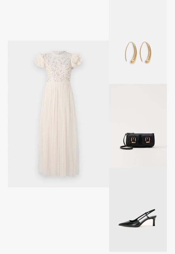 Long cream dress with a floral embroidered bodice, short puff sleeves, and a pleated sheer skirt adorned with small polka dots.; Black patent slingback heel with a pointed toe, featuring textured snake print, adjustable strap, and a short, textured block heel.; Black leather crossbody bag with two front pockets, gold buckles, zipper closure, and a slim strap. Textured surface and compact rectangular shape.; Gold-tone metal hoop earrings with a curved, elongated shape. Features a smooth, shiny surface and a rounded tip for added detail.