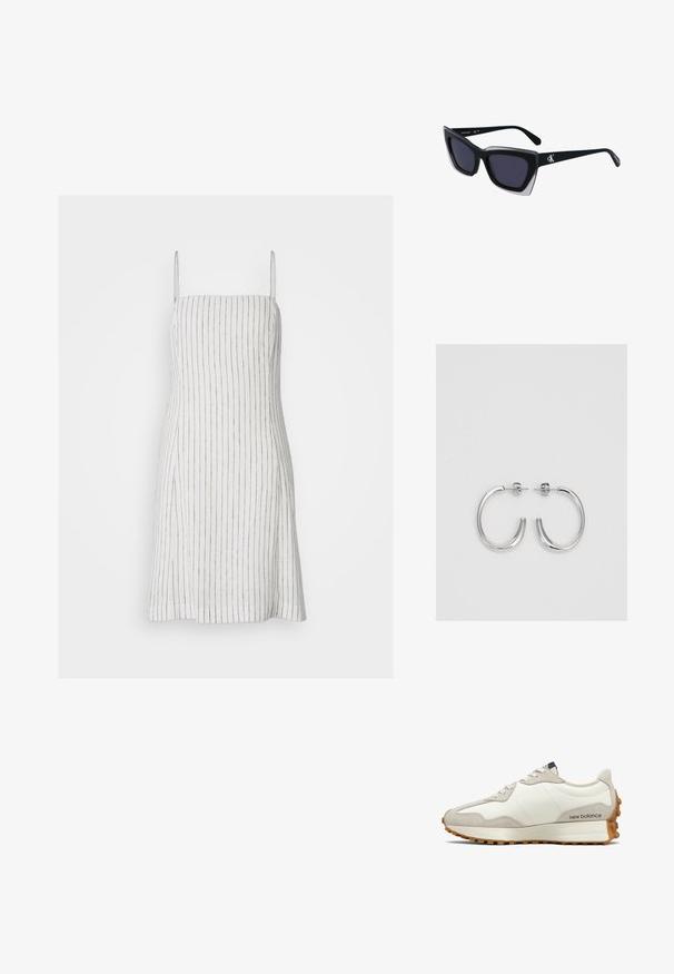 Gap Tall Rochie de zi - new off white; Tenisici alba si bej cu un superior din piele neteda, accente din suede, varf rotund si o talpa din cauciuc texturat. Numele brandului imprimat pe lateral.; Ochelari de soare supradimensionați, negri, cu o formă geometrică, având lentile întunecate și un detaliu gri contrastant pe ramă. Logo pe braț.; Cercei rotunzi din argint cu un finisaj neted și strălucitor. Design ușor, având o formă rotundă și închidere cu tijă.