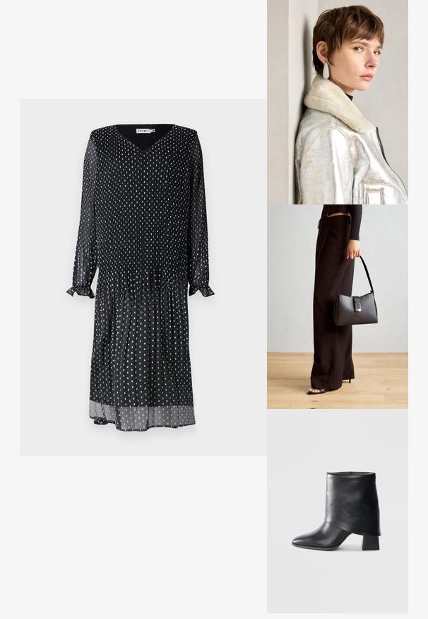 Černé šaty vyrobené z lehkého materiálu, s výstřihem do V, dlouhými rukávy se řasenými manžetami a bílým puntíkovaným vzorem po celém povrchu.; Černá kožená kotníková bota s špičatou špičkou, hladkým povrchem a pevně strukturovaným blokovým podpatkem. Disponuje vysokým, skládacím manžetovým designem.; Černá kabelka se strukturovaným tvarem, hladkým povrchem a kovovým uzávěrem. Kombinována s širokými černými kalhotami a sandály s otevřenou špičkou na dřevěné podlaze.; Stříbrná kovová kožená bunda s beránkovým límcem, s ozdobným zipem a texturovaným povrchem. Velké kapkovité náušnice s čirými drahokamy.