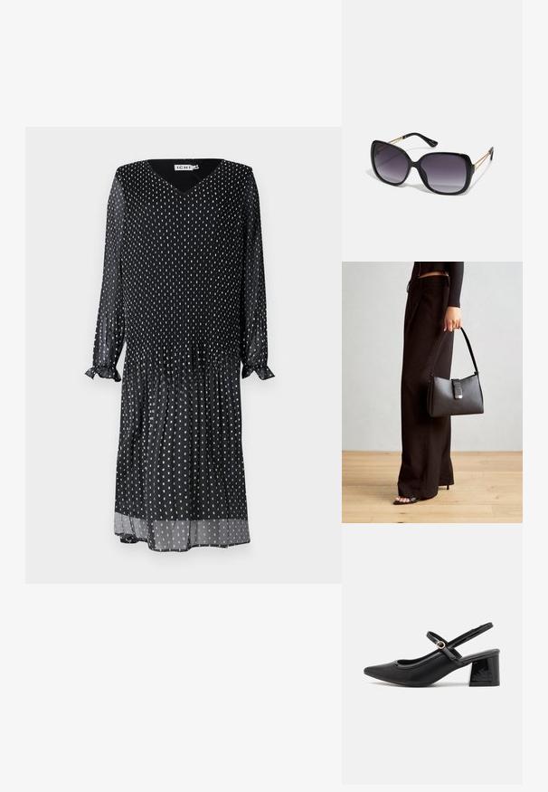 Könnyű anyagból készült fekete ruha, V-nyakkivágással, hosszú ujakkal, fodros mandzsettával, és fehér pöttyös mintával az egész felületen.; Fekete lakk bőr, pántos magassarkú cipő, hegyes orral, lekerekített kivágással és tömbsarkal. Arany színű csat díszíti.; Fekete, oversize napszemüveg fokozatos árnyalatú lencsékkel, vastag kerettel és arany színű lánc díszítéssel a szárakon.; Fekete kézi táska strukturált formával, sima textúrával és fémből készült záródással. Széles fekete nadrággal és nyitott orrú szandállal párosítva, fából készült padlón.