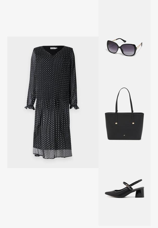 Vestido negro hecho de un tejido ligero, con escote en V, mangas largas con puños acampanados y un patrón de lunares blancos en toda la prenda.; Tacones slingback de charol negro con punta afilada, un diseño de corte redondeado y tacón bloque. Incluye un detalle de hebilla en tono dorado.; Gafas de sol negras de gran tamaño con lentes degradados, montura gruesa y detalles de cadena en tono dorado en las patillas.; Bolso tote negro hecho de material sintético, con un diseño rectangular simple, acentos cuadrados dorados y asas dobles.