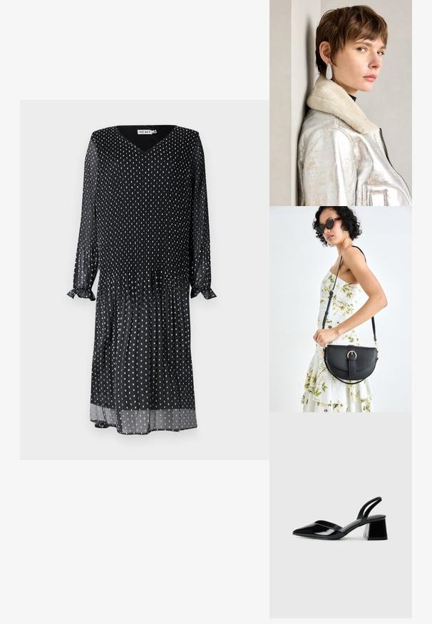 Crna haljina izrađena od lagane tkanine, s V-izrezom, dugim rukavima s volanastim manžetama i bijelim točkicama po cijeloj haljini.; Crne lakirane kožne sandale s otvorenom petom i špicastim vrhom, s geometrijskom blok petom. Imaju elegantan, minimalistički dizajn i glatku teksturu.; Crna kožna torba s lukovitim oblikom, odvojivim remenom i zlatnim detaljima. Torba ima preklop s kopčom.; Srebrna metalik kožna jakna s ovčjim krznom, koja ima zatvaranje na patentni zatvarač i teksturiranu površinu. Velike naušnice u obliku suze s prozirnim draguljima.