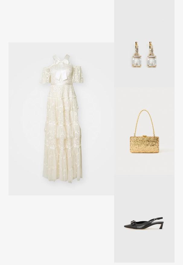 Robe blanche à volants en dentelle avec des motifs floraux brodés. Présente des manches courtes, un nœud au niveau du col et une silhouette fluide.; Chaussure slingback en cuir noir avec un bout pointu, un petit talon et un détail de boucle décoratif sur le dessus. Texture lisse, design minimaliste.; Pochette en sequins dorés de forme rectangulaire, dotée d'une poignée en chaîne torsadée et d'une fermeture à fermoir en métal, réfléchissant la lumière avec une finition texturée.; Boucles d'oreilles en or lumineux avec un cristal rectangulaire transparent pendent sous une rangée de petits accents ronds transparents. Design élégant et moderne.