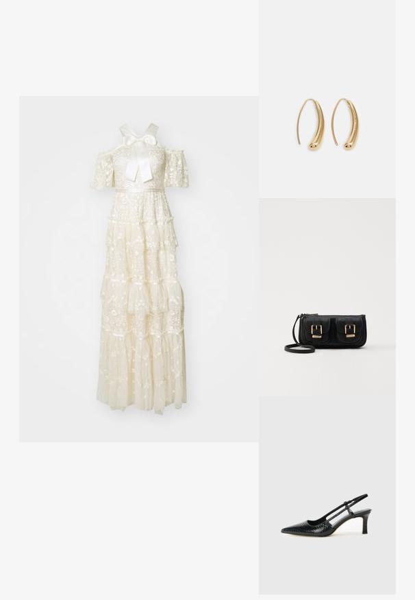 White tiered dress made of lace with embroidered floral patterns. Features short sleeves, a bow at the neckline, and a flowing silhouette.; Black patent slingback heel with a pointed toe, featuring textured snake print, adjustable strap, and a short, textured block heel.; Black leather crossbody bag with two front pockets, gold buckles, zipper closure, and a slim strap. Textured surface and compact rectangular shape.; Gold-tone metal hoop earrings with a curved, elongated shape. Features a smooth, shiny surface and a rounded tip for added detail.