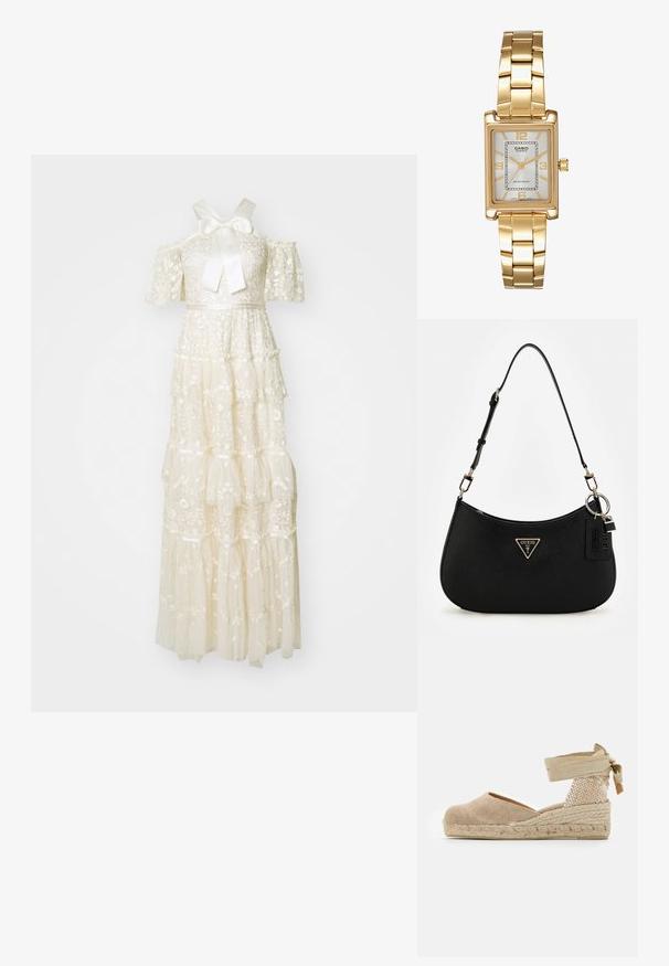Hvidlagdelt kjole lavet af blonder med broderede blomstermønstre. Har korte ærmer, en sløjfe ved udskæringen og en flydende silhuet.; Beige espadrille med en overdækning af lærred, tekstureret vævet hæl og flettet jutesål; har en bundet ankelrem for en sikker pasform.; Sort syntetisk skuldertaske med en buet silhuet, tekstureret overflade, gyldent trekantet logo og aftagelige hardware-detaljer.; Guldtonet rektangulær armbåndsur med en hvid skive, sølvtonede time markører og et holdbart metalled. Vandafvisende funktion inkluderet.