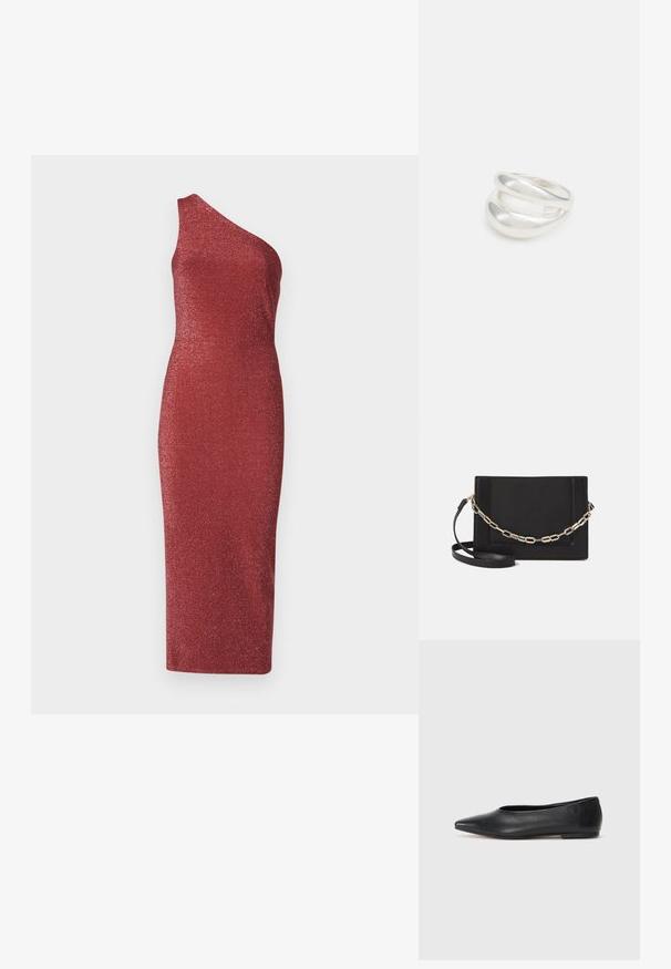 Epätasainen yhden olkapään punainen mekko, joka on valmistettu kimaltelevasta, teksturoidusta kankaasta. Kehonmyötäinen siluetti, jossa on keskikokoinen helma.; Musta nahkainen ballerinatyyppinen kenkä, terävä kärki, minimalinen muotoilu, sileä pinta, matala korko, ei näkyvää metalliosaa tai koristeita.; Musta nahkainen olkalaukku, jossa on sileä pinta, suorakulmainen muoto ja metalliketju yksityiskohtana edessä. Mukana säädettävä hihna.; Hopeinen kaksinkertainen rengas, jossa on sileä, kiillotettu pinta. Siinä on sulava, kaareva muotoilu, jossa on päällekkäisiä osia modernin ilmeen saavuttamiseksi.