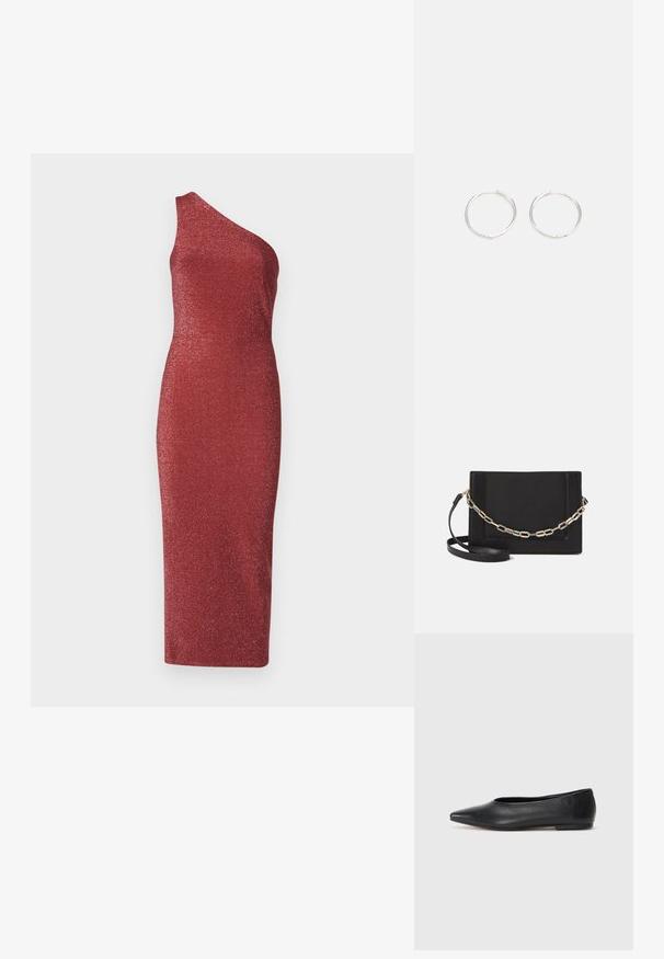 Asymetryczna sukienka na jedno ramię w kolorze czerwonym, wykonana z błyszczącej, fakturowanej tkaniny. Dopasowany krój z długością do połowy uda.; Czarne baleriny z lakierowanej skóry, spiczasty nosek, minimalistyczny design, gładka faktura, niskie obcasy, bez widocznych elementów metalowych czy ozdób.; Czarna skórzana torebka typu crossbody z gładką teksturą, prostokątnym kształtem oraz metalowym detalem w postaci łańcuszka z przodu. W zestawie regulowany pasek.; Srebrne kolczyki w kształcie obręczy o gładkim, okrągłym designie, charakteryzujące się gładką powierzchnią i brakiem widocznych ozdób. Średnica nieokreślona.