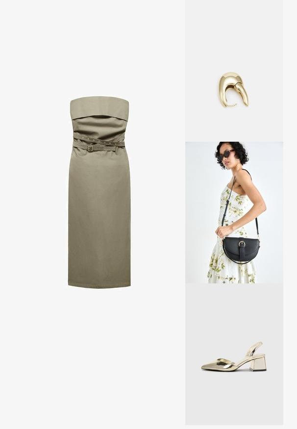 Mango Freizeitkleid - khaki; Goldene, metallische Slingback-Absätze mit spitzem Zeh und dicker Ferse. Glatte Textur, minimalistisches Design und ein schmaler Riemen.; Schwarze Lederhandtasche mit geschwungener Form, abnehmbarem Tragegurt und goldenen Beschlägen. Die Tasche verfügt über einen Deckel mit einer Schnallen-Details.; Ohrringe aus goldfarbenem Metall mit einem schlanken, geschwungenen Design. Sie verfügen über eine markante, spitze Form, eine polierte Oberfläche und einen Scharnierverschluss.