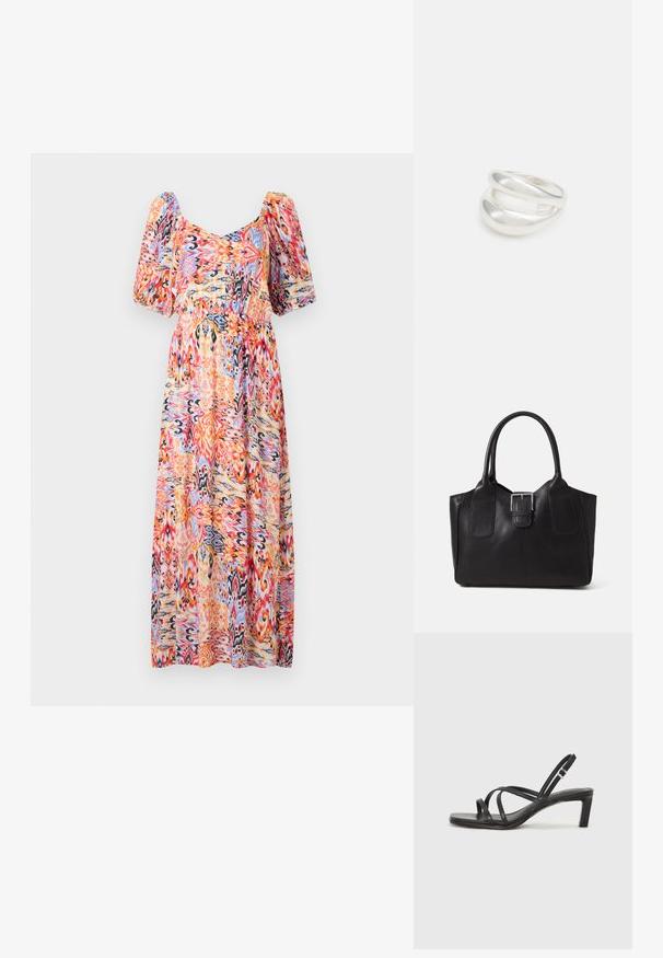 Maxi-jurk met een ronde halslijn en pofmouwen. Gemaakt van een lichtgewicht stof met een kleurrijk abstract patroon in roze, oranje en blauw.; Zwarte sandaal met bandjes, vierkante teen en een lage blokhak. Voorzien van meerdere dunne bandjes en een verstelbare enkelband. Gemaakt van zacht leer.; Zwarte leren tote bag met een gladde textuur, gestructureerde vorm, twee handvatten en een opvallend zilveren sluitingdetail aan de voorkant.; Zilveren dubbele ring met een gladde, gepolijste oppervlakte. Heeft een vloeiende, gebogen vorm met overlappende secties voor een moderne uitstraling.
