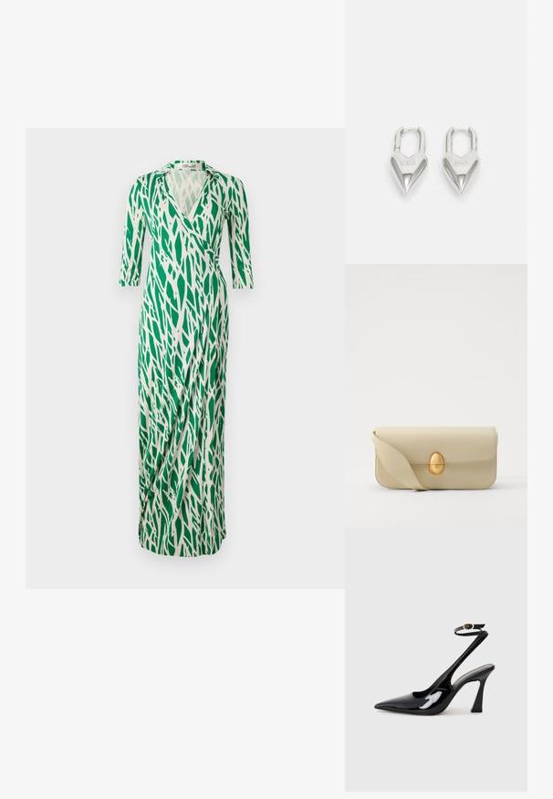 Zeleno-biela zavinovacia šaty s výstrihom do V, trojštvrťové rukávy a voľný dizajn s listovým vzorom. Hladká textúra materiálu.; Čierne lakované kožené lodičky na podpätku s špicatou špičkou, nastaviteľným popruhom okolo členka a stredne vysokým blokovým podpätkom. Hladký povrch s lesklým finišom.; Béžová kožená kabelka s hladkou textúrou, obdlžnikovým tvarom a zlatým oválnym zapínaním. Má dlhý, nastaviteľný popruh.; Strieborné zámky v tvare srdca so vygravírovanými nápismi "ÁNO" a "NIE", leštený povrch, symetrický dizajn a robustný kovový uzáver.