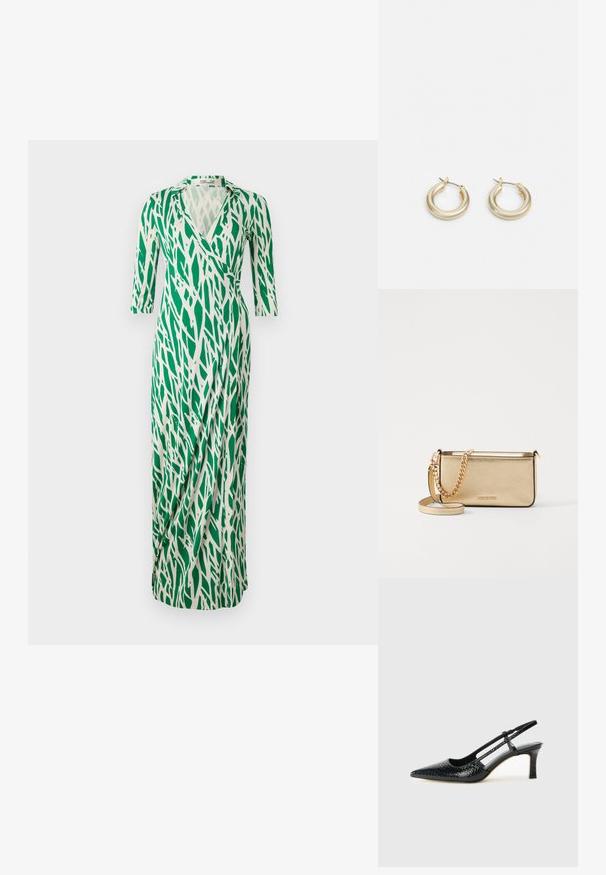 Vestido envolvente verde e branco com decote em V, mangas de três quartos e um design fluido que apresenta um padrão semelhante a folhas. Textura de tecido suave.; Salto slingback em patente preta com bico apontado, apresentando um padrão de pele de cobra texturizado, tira ajustável e um salto bloco curto e texturizado.; Clutch de couro dourado metálico com um acabamento texturizado, apresentando uma alça de corrente dourada e uma alça de ombro removível. Logotipo da marca em relevo.; Lauren Ralph Lauren BASIC SMALL HOOP - Brincos - gold-coloured