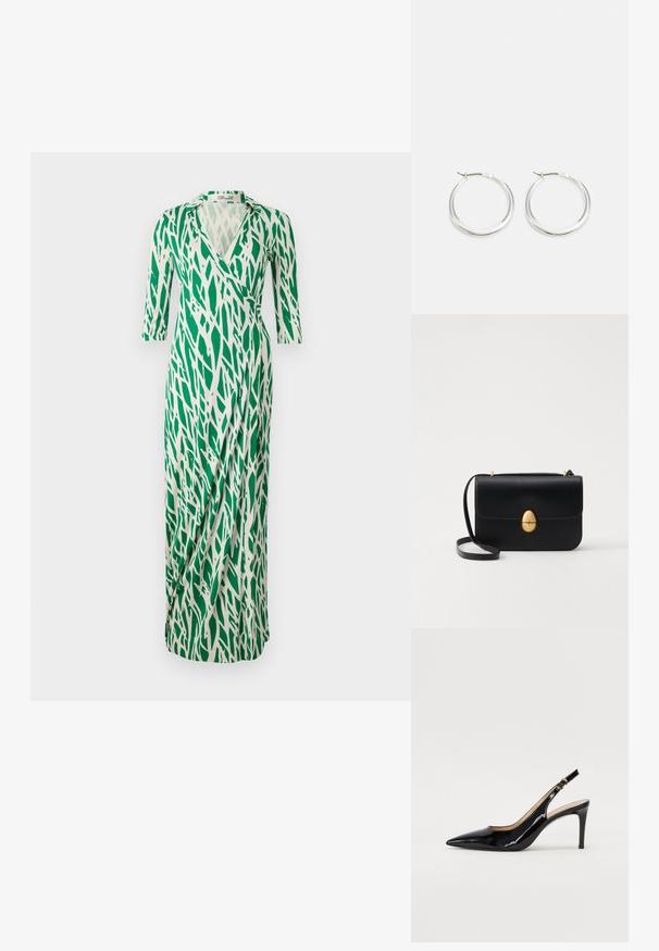 Rochie înfășurată verde și albă, cu decolteu în V, mâneci trei sferturi și un design fluid care prezintă un model asemănător frunzelor. Textură de țesătură netedă.; Pantofi slingback din piele patent neagră, cu vârful ascuțit, tocul subțire și un design discret cu decupaj. Se evidențiază printr-un cataramă aurie pe curea.; Geantă de mână din piele neagră, cu o formă rectangulară structurată. Are un capac oval auriu și o curea subțire pentru umăr. Textură netedă.; Cercei rotunzi din argint prezintă un design neted și rotunjit, cu un profil subțire și un sistem de prindere sigur. Stil minimalist cu un finisaj lucios.