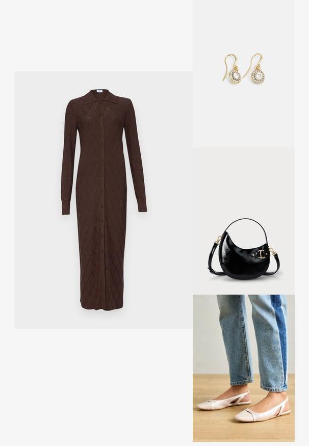 Dlhé hnedé pletené šaty s diamantovým vzorom, celoplošné gombíkovanie, špicatý golier a dlhé rukávy. Vyrobené z mäkkej, štruktúrovanej textílie.; Svetloružové slingback baleríny s jemne špicatou špičkou, vyrobené z hladkého materiálu pripomínajúceho kožu. Majú výrezové detaily na stranách a plochý opätok.; Čierna patinovaná kožená kabelka s krivým tvarom, nastaviteľným popruhom a zlatými detailmi na strane. Hladká, lesklá textúra.; Náušnice zlatého odtieňa s oválnymi čírymi kryštáli obklopenými menšími čírými kameňmi, s háčikovým dizajnom pre bezpečné nosenie.