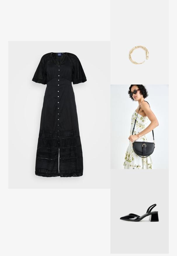Črna maksi obleka z gumbi spredaj, kratkimi rokavi z čipkastim pridihom, teksturirano tkanino in slojevitimi elementi na robu.; Črne lakirane slingback pete s koničastim nosom in geometrijsko blokasto peto. Imajo eleganten, minimalističen dizajn in gladko teksturo.; Črna usnjena torbica s ukrivljeno obliko, z odstranljivo naramnico in zlatimi dodatki. Torbica ima pokrov s podrobnostmi v obliki zaponke.; Zlati prstan s organskim, zvitim dizajnom, gladko površino in taperiranimi konci, ki ustvarja modernega, skulpturalnega videza.