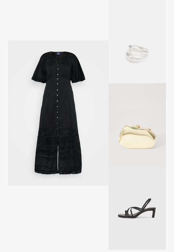 Vestido largo negro con botones en la parte delantera, mangas cortas con encaje, tejido texturizado y elementos de diseño en capas en el dobladillo.; Sandalia negra de tiras con punta cuadrada y tacón bajo de bloque. Presenta múltiples tiras delgadas y una correa ajustable en el tobillo. Fabricada en cuero suave.; Clutch metálico dorado con una forma suave y redondeada, que presenta un cierre de botón en la parte superior y una pequeña correa de cadena para llevar.; Anillo de plata de doble banda con una superficie lisa y pulida. Presenta un diseño fluido y curvado con secciones superpuestas para un aspecto moderno.
