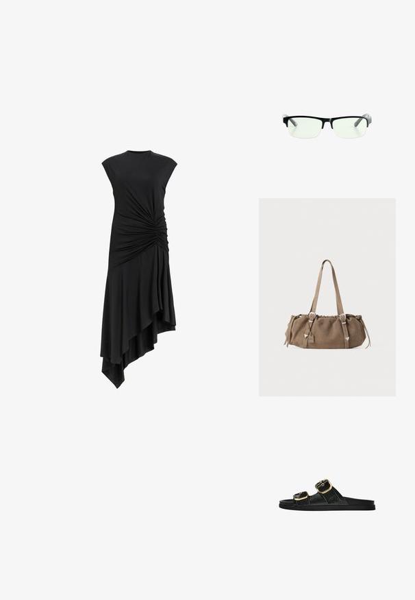 Crna haljina bez rukava s nabranim detaljima sa strane, s asimetričnom rubnom linijom koja se elegantno spušta. Mekana tekstura tkanine.; Crne sandale na klizanje s dva zlatna akcenta u obliku kopči, glatkog teksturiranog materijala, ravnim potplatom i minimalističkim dizajnom.; Crna pravokutna naočala s prozirnim lećama, sa sofisticiranim crnim okvirom i sivim prozirnim drškama. Minimalistički dizajn, bez vidljivog brendiranja.; Smeđa nubuk torba s nabranim vrhom, srebrnim metalnim detaljima i dva remena za nošenje. Karakterizira je pravokutni oblik i minimalistički dizajn.