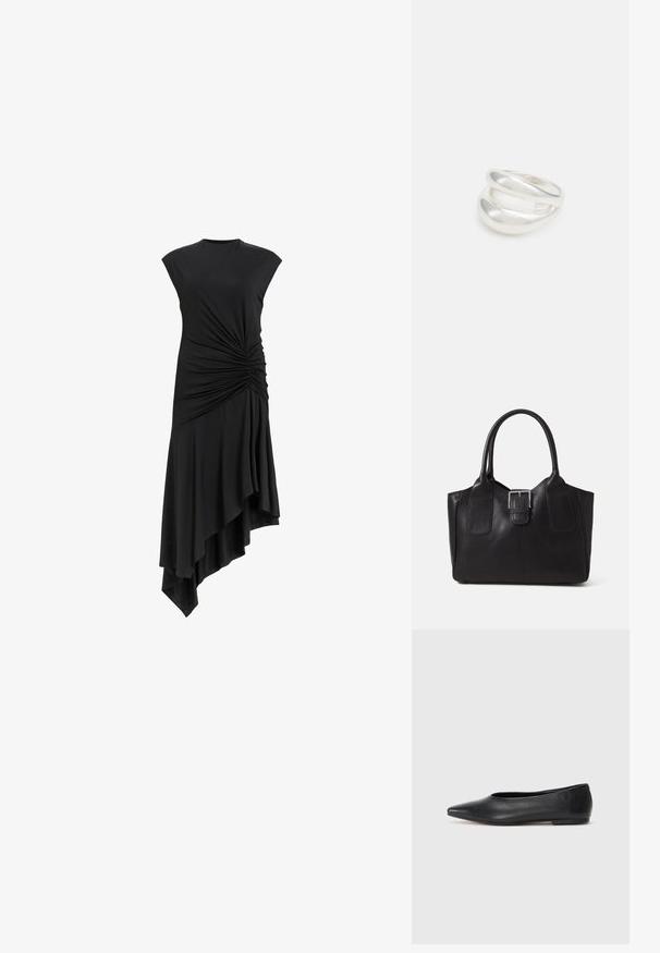 Must mustriga kleit kogutud detailidega küljel, millel on asümmeetriline äär, mis langeb elegantselt. Pehme kangatekstuuri.; Musthave mustris balletkingad, terav nina, minimaliseeritud disain, sile pind, madal konts, ilma nähtava riistvara või kaunistusteta.; Mustgamma nahast kott, millel on sile tekstuur, struktureeritud kuju, kaks käepidet ja esiküljel silmapaistev hõbedane pandla detail.; Hõbedane kahekordne rõngas sujuva, poleeritud pinnaga. Omab voolavat, kõverat disaini, millel on kattuvad sektsioonid, et saavutada kaasaegne ilme.