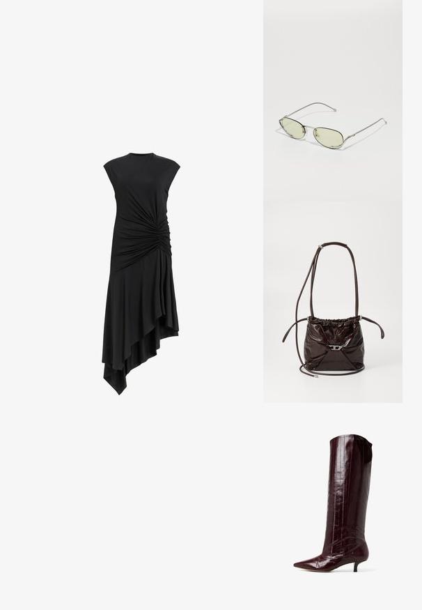 Svart ärmlös klänning med rynkade detaljer på sidan, med en asymmetrisk fåll som faller elegant. Mjuk tygtextur.; Burgundy knähöga stövlar i glänsande lackmaterial. Har spetsig tå och kittenheel med vertikala linjer detaljer på skaftet.; Kattöga-solglasögon med tunn silvermetallram och ljusgröna linser. Har en snygg design, minimalt med hårdvara och böjda skalmar.; Mörkbrun glansig läder axelväska med samlad topp och tunn justerbar rem, med en liten detaljer i silverfärg på framsidan.