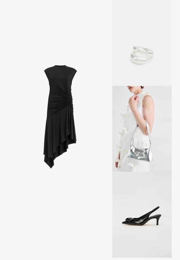 Juodas be rankovių suknelė su surinktu detalėmis šone, turinti asimetrišką apatinį kraštą, kuris elegantiškai krenta. Minkšta medžiagos tekstūra.; Juodas patentuotas odinis slingback tipo batas su smailiu pirštu, mažai pakulne ir išryškinta lanku ant priekinės dalies. Lygus paviršius ir šiuolaikiškas dizainas.; Sidabrinė metalinė rankinė su struktūrizuota forma, turinti viršutinę rankeną ir kaspiną priekyje. Lygi tekstūra, atspindinti apdaila.; Sidabrinis dvigubas žiedas su lygiu, poliruotu paviršiumi. Pasižymi sklandžiu, kreiptu dizainu su persipinančiomis dalimis, suteikiančiomis modernų išvaizdą.