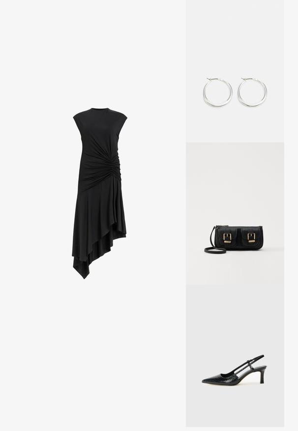 Fekete ujjatlan ruha oldalán összegyűrt részletekkel, aszimmetrikus szegéllyel, amely elegánsan omlik. Puha szövettextúra.; Fekete lakk slingback sarok, hegyes orral, texturált kígyómintával, állítható pánttal és rövid, texturált tömbsarkal.; Fekete bőr keresztbody táska két elülső zsebbel, arany csattokkal, cipzáras záródással és vékony pánttal. Textúrált felület és kompakt téglalap alak.; A ezüst karika fülbevalók sima, lekerekített formájúak, vékony profilúak és biztonságos zárással rendelkeznek. Minimalista stílus, fényes befejezéssel.