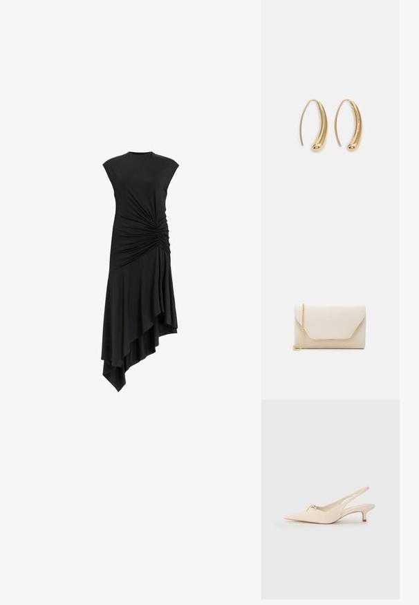 Fekete ujjatlan ruha oldalán összegyűrt részletekkel, aszimmetrikus szegéllyel, amely elegánsan omlik. Puha szövettextúra.; Hegyes orrú, off-white bőrből készült slingback cipők, kis masnival és alacsony, kislányos sarokkal. Simogató, minimalista design.; Beige színű táska sima textúrával, arany lánc pánttal, és boríték stílusú fedéllel, amelynek kontrasztos arany díszítése van.; Aranyszínű fémből készült karika fülbevalók ívelt, hosszúkás formával. Simaságával és fényes felületével, valamint lekerekített végével további részletekkel bővül.
