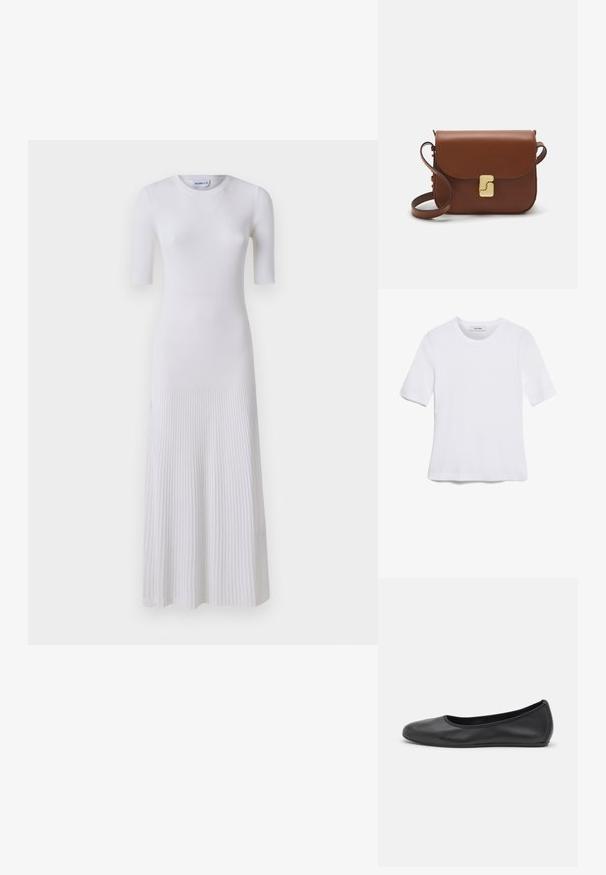 Vestido branco de malha canelada com mangas curtas e corpete justo, esvoaçando para uma saia evasê. Decote redondo simples e textura subtil.; T-shirt de manga curta branca feita de tecido canelado. Decote redondo, ajuste regular e detalhes de costura subtis. Sem padrões ou gráficos.; Bailarina preta em pele com bico arredondado, textura suave, detalhe de costura minimalista e design de sola flexível.; Bolsa de couro castanho com fecho de aba, decoração em tom dourado, alça de ombro e textura suave. Formato retangular compacto.