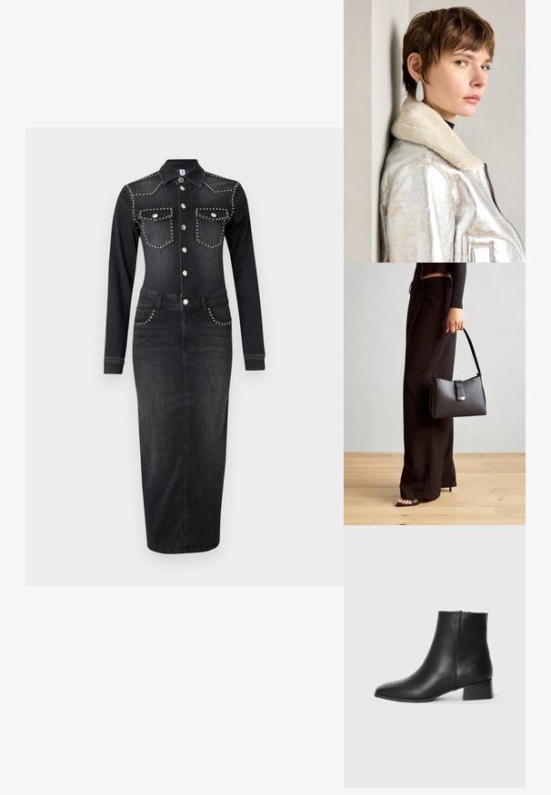 LIU JO ABITO LUNGO - Farkkumekko - black denim; Mustan nahkaisen nilkkurit, joissa on terävä kärki ja matala lohkokorko, joissa on sileä pinta ja minimalistinen muotoilu.; Musta käsilaukku, jossa on rakenteellinen muoto, sileä pinta ja metallinen solki. Yhdistetty leveisiin mustiin housuihin ja avonaiheisiin sandaaleihin puulattialla.; Hopealaisia metallisia nahkatakkeja, jossa on turkis kaulus, varustettuna vetoketjulla ja teksturoidulla pinnalla. Suuret pisaramuotoiset korvakorut, joissa on kirkkaat jalokivet.