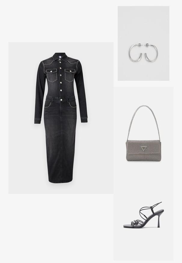 LIU JO ABITO LUNGO - Rochie din denim - black denim; Sandale negre cu toc înalt au curele subțiri cu un design legat, un vârf pătrat neted și un toc stiletto elegant.; Geantă metalică gri deschis, cu un strap din lanț, decorată cu mici ținte circulare metalice și un logo de marcă triangular.; Cercei rotunzi din argint cu un finisaj neted și strălucitor. Design ușor, având o formă rotundă și închidere cu tijă.