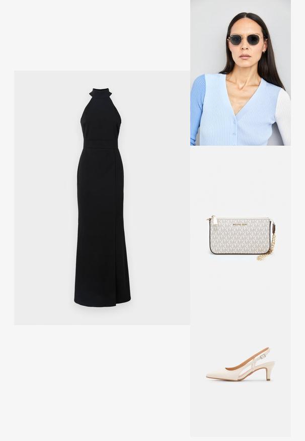 Juodos halter stiliaus suknelė su prigludusia bodice, grindis siekiančiu sijonu ir šonine išpjova. Pagaminta iš lygaus audinio su stilingu, minimalistiniu dizainu.; Balti slingback kulniukai su smailiu pirštu, lygia viršutine medžiaga, žemu blokuotu kulnu ir šoniniu išpjovimu su reguliuojamu sagtimi.; Apskriti saulės akiniai su tamsiais objektyvais ir auksiniais rėmeliais. Modelis vilki šviesiai mėlyną, raukinį kardiganą su mygtukais ir kontrastingomis baltomis rankovėmis.; Michael Kors rankinė smėlio spalvos dengto kanvoje su pakartotiniu MK logotipo raštu, auksinėmis detalėmis ir nuimamu grandininiu dirželiu.