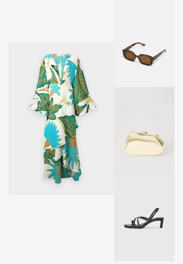 Dlhé, voľné šaty s hlbokým výstrihom do V, so širokými rukávmi a živými tropickými vzormi listov v teal, zlatej a zelenej farbe na svetlom pozadí.; Čierne sandále na vysokom podpätku so štvorcovou špičkou a nízkym blokovým podpätkom. Obsahujú viacero tenkých popruhov a nastaviteľný členkový popruh. Vyrobené z hladkej kože.; Slnečné okuliare v tortoiseshell štýle s okrúhlym, robustným rámom a hnedými šošovkami. Má jemné vzory a rovné, zoštíhlené ramená.; Kovová zlatá kabelka s hladkým, zaobleným tvarom, ktorá má horné zapínanie na gombík a malý reťazový popruh na nosenie.