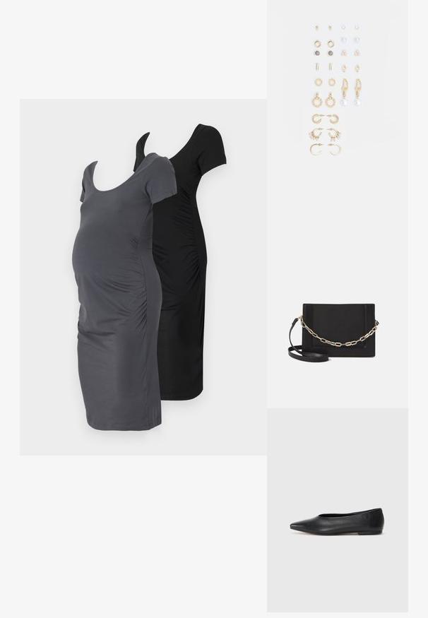 Du dušiai nėštumo suknelės: viena tamsiai pilka, kita juoda. Abi turi trumpas rankoves, apvalius iškirpimus, surišimus šonuose ir figūrą išryškinantį dizainą.; Juodas odinis baleto batas, su smailiu pirštu, minimalistinio dizaino, lygiu paviršiumi, žemo profilio kulnu, be matomos aparatūros ar papuošimų.; Juodas odinis per petį nešiojamas krepšys turi lygų paviršių, stačiakampio formą ir metalinę grandinėlę priekyje. Pridedama reguliuojama dirželis.; Auksiniai auskarai su įvairiais dizainais, įskaitant studus, žiedus ir kabančius modelius su perlų ir kristalų akcentais.