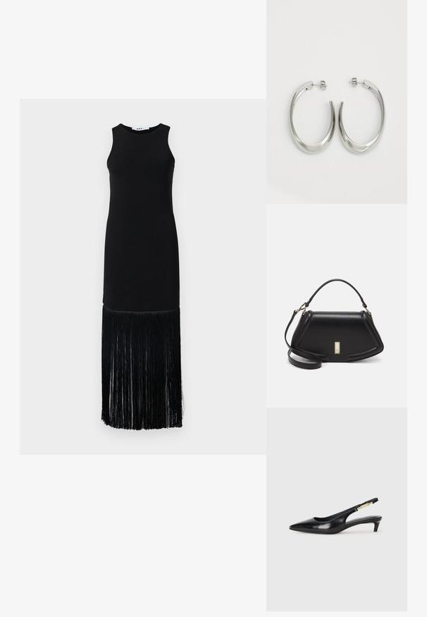 DAY Birger et Mikkelsen MARGIE ALL DAY - Robe en jersey - black; Talons hauts en cuir noir avec un bout pointu, dotés d'un talon fin et d'un accent en ton or sur la lanière réglable. Texture lisse.; Sac à main en cuir noir avec un design structuré, featuring une forme cropped, une poignée supérieure et des accents en matériel doré. Bandoulière réglable incluse.; Boucles d'oreilles en argent avec un design lisse et courbé. Présentent une finition métallique brillante et une fermeture à clou. Pas de motifs ou d'accents visibles.