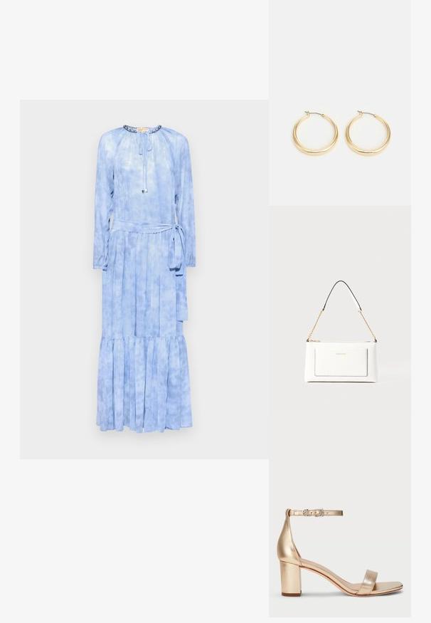 MICHAEL Michael Kors SUNBLEACH TIER DRESS - Maxi ruha - chambray; Lauren Ralph Lauren LOGAN METALLIC NAPPA LEATHER SANDAL - Szandálok - platinum; Fehér bőr kézitáska, texturált felülettel, arany lánccal és fekete részletekkel. Elülső zsebbel és cipzáros zárással rendelkezik.; Aranyszínű karika fülbevalók sima, kerek formával, vékony drótzárral és fényes felülettel, amely csillogó megjelenést kölcsönöz.