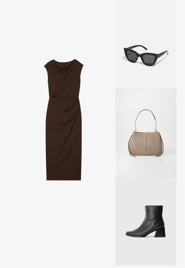 Brązowa sukienka do kolan wykonana z gładkiego materiału, z dekoltem w drapowania, rękawami typu cap oraz marszczeniami po jednej stronie.; Czarne skórzane botki za kostkę z kwadratowym noskiem, bocznym zamkiem błyskawicznym i słupkowym obcasem na jasnym tle.; Czarne okulary przeciwsłoneczne w kształcie kociego oka z matowym wykończeniem, z szarymi soczewkami, ostrymi kątami i smukłymi bocznymi ramionami. Nazwa marki widoczna na wewnętrznej części ramienia.; Tommy Hilfiger - Torebka
