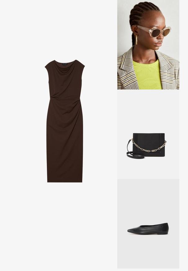 Rochie marron, până la genunchi, confecționată dintr-un material neted, cu un decolteu drapat, mâneci scurte și detalii pliate pe o parte.; Balerini din piele neagră, vârf ascuțit, design minimalist, textură netedă, toc de mică înălțime, fără hardware sau embellishments vizibile.; Ochelari de soare stil cat-eye, cu lentile maro și rame transparente. Model purtând un top verde cu textură ribbed și un sacou în carouri. Cercei rotunzi din aur.; Geantă de umăr din piele neagră, cu o textură netedă, formă rectangulară și un detaliu din lanț metalic în față. Include curea reglabilă.