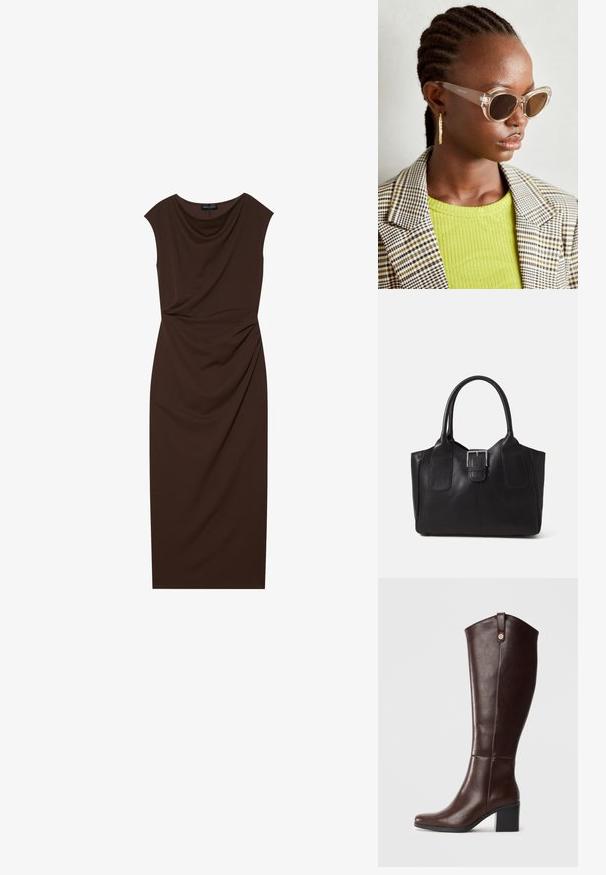 Rjava obleka do kolen iz gladkega materiala, z drapirano obleko, kratkimi rokavi in nabrano dekoracijo na eni strani.; Rjave usnjene čizme do kolen z blok peto, gladka tekstura, zaobljen toe in dekorativna zlatotone strojna oprema na vrhu.; Jasnočične sončne očala s svetlo rjavimi lečami in prozornim okvirjem. Model nosi zeleno rebrasto majico in karirasti blejzer. Zlati obročasti uhani.; Črna usnjena torba s gladko teksturo, strukturirano obliko, dvema ročkama in izrazitim srebrnim sponko na sprednji strani.