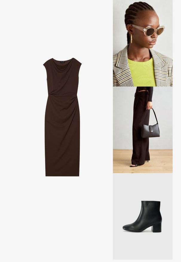 Brown knee-length dress made of smooth fabric, featuring a draped neckline, cap sleeves, and gathered detailing on one side.; Black leather ankle boots with a pointed toe and a chunky heel. Smooth texture with minimal accents and a sleek, fitted design.; Clear cat-eye sunglasses with brown lenses and transparent frames. Model wearing a green ribbed top and checkered blazer. Gold hoop earrings.; Black handbag with structured shape, smooth texture, and a metallic clasp. Paired with wide black pants and open-toe sandals on wooden floor.
