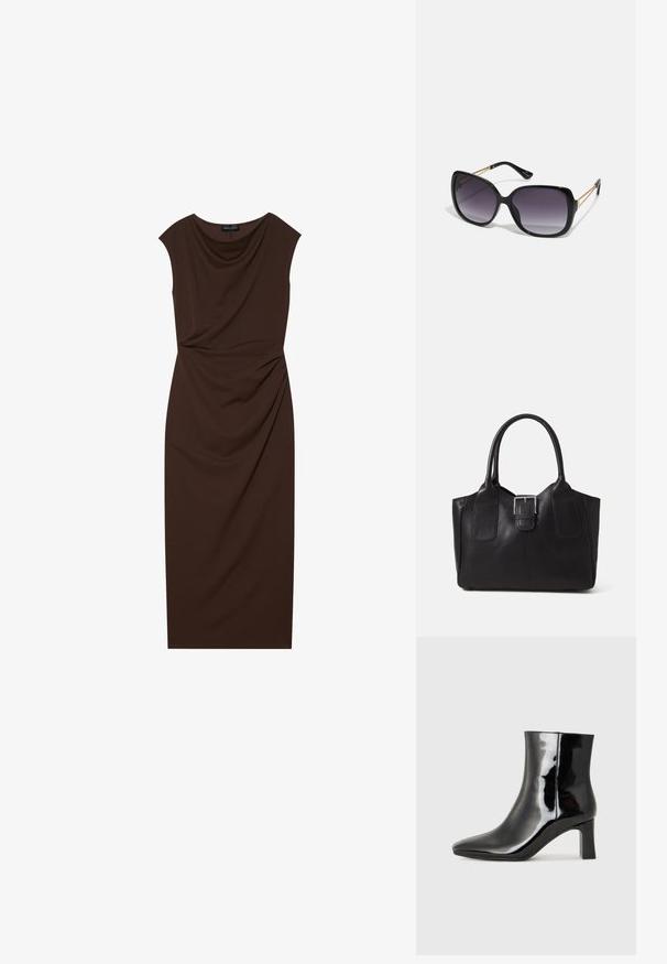 Pruun põlvepikkune kleit, mis on valmistatud sileda kangaga, millel on langetatud kaelus, lühikesed varrukad ja ühel pool kogutud detailid.; Must-sinine nahkjalats musta läikiva viimistlusega, millel on terav nina ja keskmise kõrgusega plokk konts. Sile tekstuur ja minimalistik disain.; Mustad ümarad päikeseglaasid, millel on gradient objektiivid, paksud raamid ja kuldse tooni kettaga kaunistused tempelitel.; Mustgamma nahast kott, millel on sile tekstuur, struktureeritud kuju, kaks käepidet ja esiküljel silmapaistev hõbedane pandla detail.