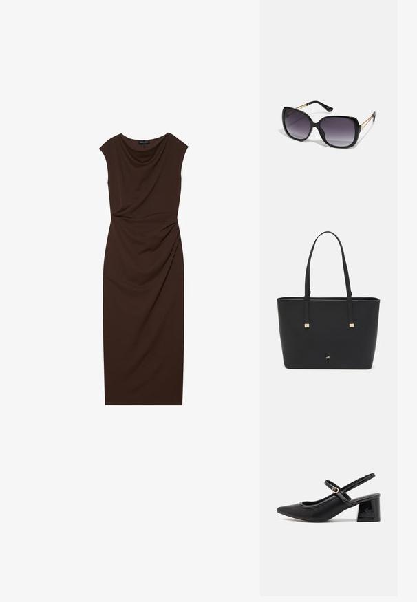 Brown knee-length dress made of smooth fabric, featuring a draped neckline, cap sleeves, and gathered detailing on one side.; Black patent leather slingback heels with a pointed toe, a rounded cutout design, and a block heel. Features a gold-tone buckle accent.; Black oversized sunglasses with gradient lenses, thick frames, and gold-tone chain detailing on the temple arms.; Black tote bag made of synthetic material, featuring simple rectangular design, gold square accents, and double handles.