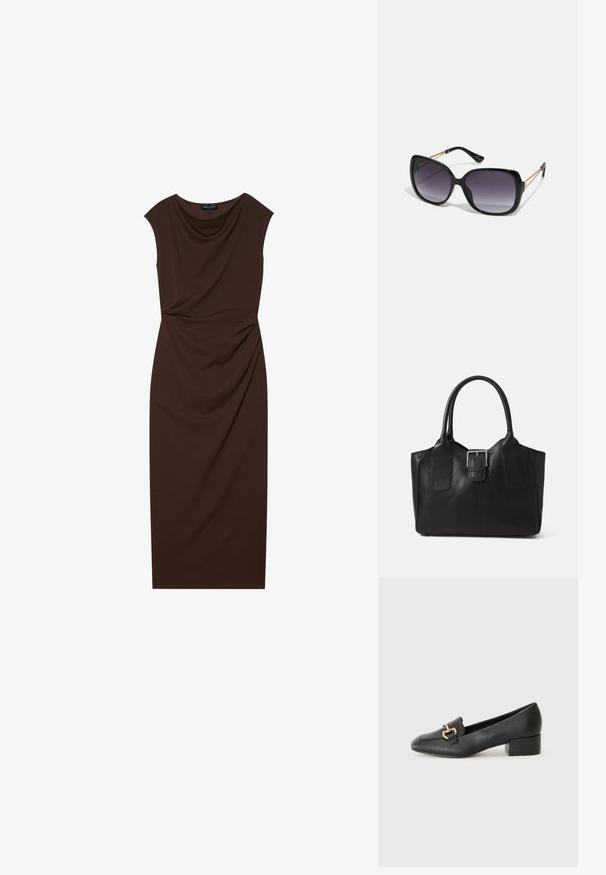Robe marron longueur genou en tissu lisse, avec un décolleté drapé, des manches courtes et des ruchés sur un côté.; Mocassins en cuir noir avec un talon plat, présentant un détail décoratif en métal doré à l'avant et une texture lisse.; Lunettes de soleil noires surdimensionnées avec des verres dégradés, monture épaisse et détails en chaîne dorée sur les branches.; Sac fourre-tout en cuir noir avec une texture lisse, une forme structurée, deux poignées et un détail en boucle argentée proéminent à l'avant.