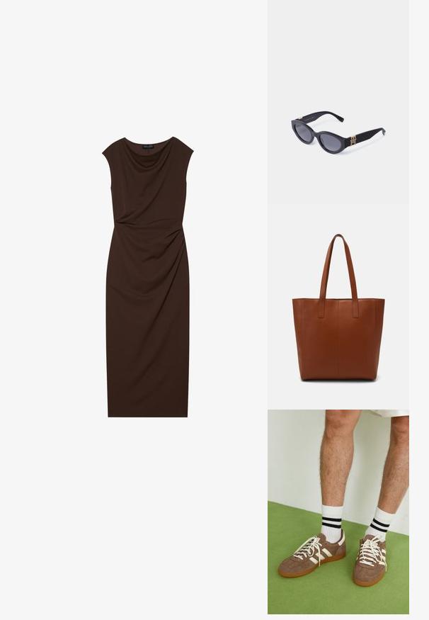 Braunes knielanges Kleid aus glattem Stoff, mit Drapierung am Dekolleté, kurzen Ärmeln und gerafften Details auf einer Seite.; Braune Wildleder-Sneaker mit weißen Akzenten und Schnürsenkeln. Gummisohle in Kautschuk-Optik. Getragen mit weißen Socken, die schwarze Streifen haben. Grüner strukturierter Fußboden.; Schwarz kattige Sonnenbrille aus Kunststoff mit dunklen Gläsern und goldenen Logo-Akzenten an den Bügeln. Glatte Oberfläche, elegantes Design.; Braune Leder-Shopper-Tasche mit glatter Textur, vertikalen Nahtdetails und zwei flachen Tragegriffen. Offenes Oberteil-Design, geräumiger Innenraum.